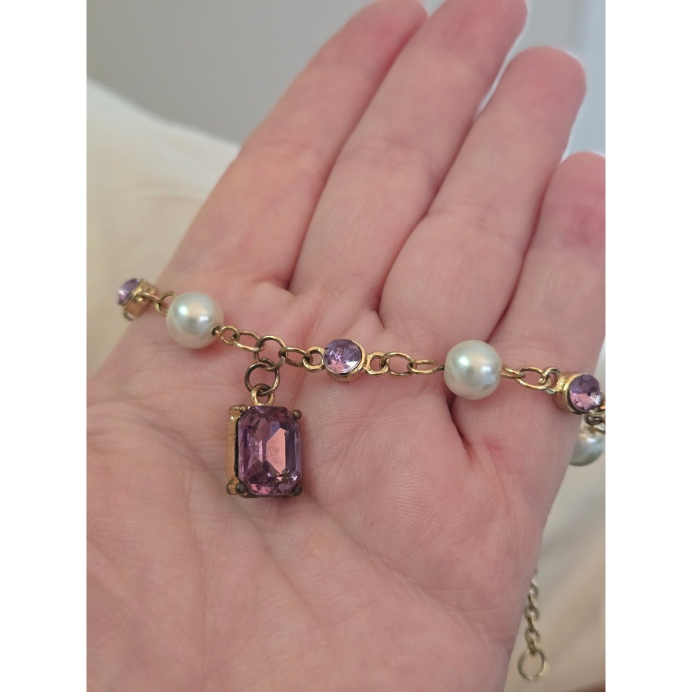 Purple Glass Stone Pearl Bracelet Goldtone Vintage